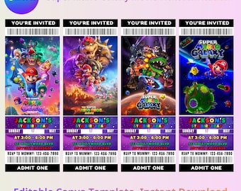 Super Mario Galaxy Movie Ticket Invitation, Galactic Party Invite, Kids Birthday Invite, Editable Canva Template, Instant Download