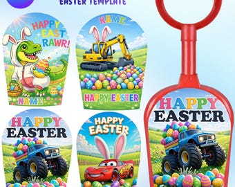 おもちゃのシャベルを使ったイースターテンプレート（Canvaで編集可能）男の子用イースターシャベルラップ、恐竜トラック建設イースターバスケットタグ、子供向け印刷可能な記念品