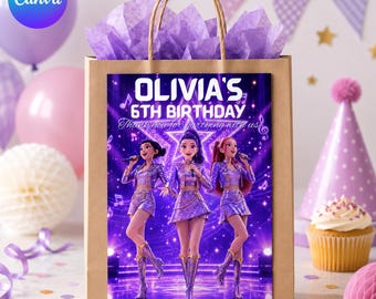 Kpop デーモンハンターズ パーティーバッグラベル | ハントリックス・サジャボーイズ ギフトバッグステッカー | Kpop 誕生日パーティーデコレーション | Kpop グッディバッグラベル | 編集可能