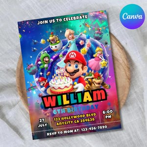 以下が含まれることがあります： マリオのキャラクターが登場する、カラフルな誕生日招待状。招待状には「WILLIAM」という名前、「6TH BIRTHDAY」という年齢、日付、時間、RSVP情報が含まれています。背景は鮮やかな色の組み合わせです。