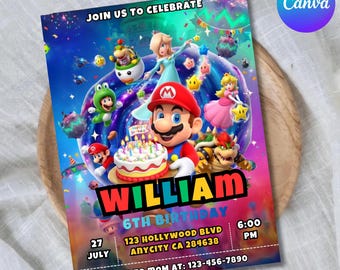 Mario Galaxy Birthday Invitation, Outer Space Party Invite, Boys Gaming Party card, Instant Download, Editable Canva Template (5x7 in)