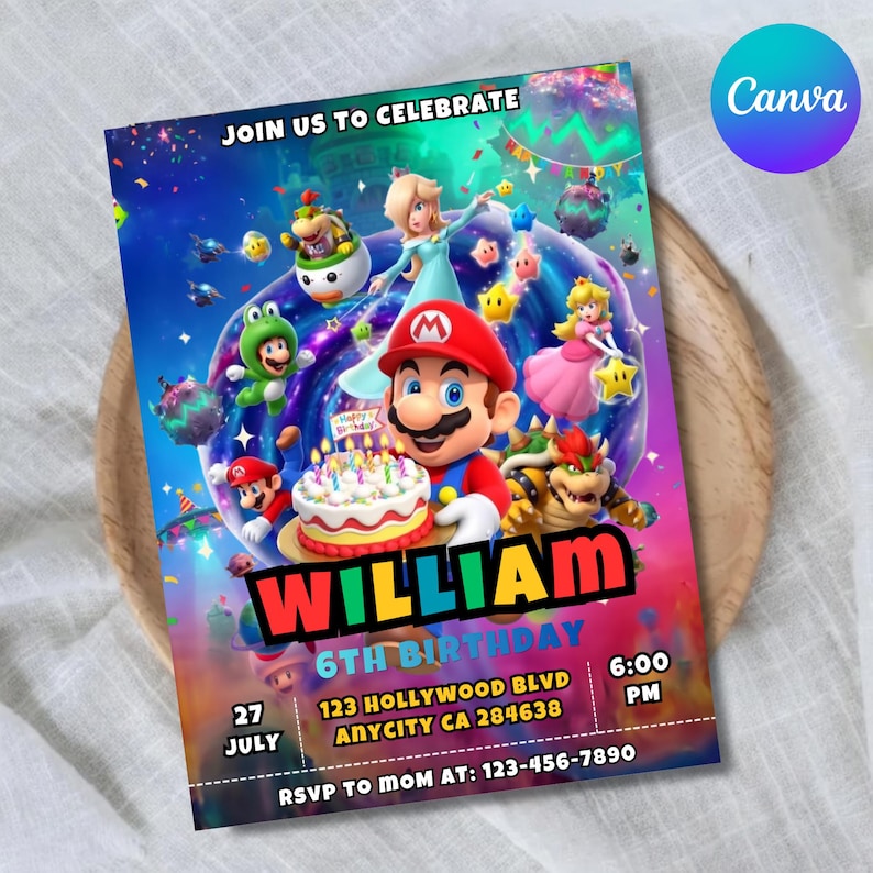 以下が含まれることがあります： マリオのキャラクターが登場する、カラフルな誕生日招待状。招待状には「WILLIAM」という名前、「6TH BIRTHDAY」という年齢、日付、時間、RSVP情報が含まれています。背景は鮮やかな色の組み合わせです。