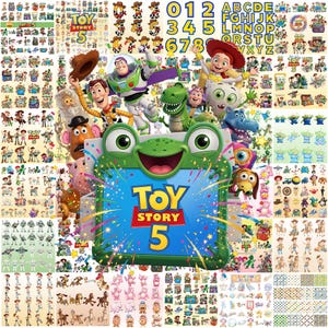 May include: A large collection of Toy Story 5 themed stickers featuring various characters like Woody, Buzz Lightyear, Jessie, and Rex. The central image displays a green frog-shaped frame with the text Toy Story 5 in blue and yellow.