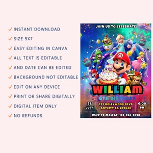 以下が含まれることがあります： マリオのキャラクター、バースデーケーキ、名前「ウィリアム」が描かれたデジタル招待状。招待状には「お祝いに参加しましょう」というテキストと、6歳の誕生日パーティーの詳細（日付、時間、場所など）が含まれています。