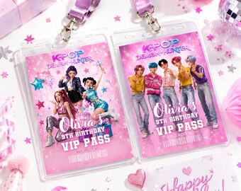 デーモンハンター誕生日VIPパス、ハントリックスIDバッジ、印刷可能なKポップVIPカード、パーティーの記念品、Kポップパーティーパス、デジタルダウンロード、Canva編集可能