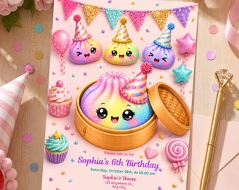 Glitter Dumpling Birthday Invitation, Editable Birthday Invite Template, Rainbow Pink Girls Party Invite, Printable Invitation