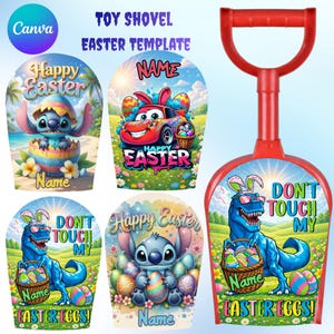 May include: A red plastic toy shovel with a handle and a wide scoop. The scoop features Easter-themed designs with cartoon characters, Easter eggs, and the text "Happy Easter" and "Don't Touch My Easter Eggs!"