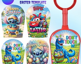 Dollar Treeのおもちゃのシャベルのイースターテンプレート（編集可能）、イースターバニーのシャベルラップ、子供用イースターバスケットのネームタグ、DIYで印刷できるイースターエッグのデザイン