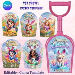 May include: A pink toy shovel with a handle and a scoop featuring Easter-themed designs. The designs include cartoon characters with bunny ears and the text "Happy Easter" and "Name". The text "Toy Shovel Easter Template" is also visible.