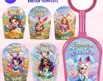 Dollar Treeのおもちゃのシャベルのイースターテンプレート（Canva）編集可能なプリンセスイースターシャベルラップ、女の子のウサギのバスケットのネームタグ、印刷可能なイースターの記念品
