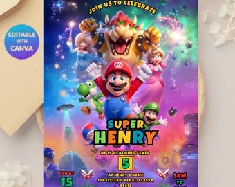 Mario Galaxy Birthday Invitation, Outer Space Party Digital Editable Canva Template, Instant Download, Canva Template (5x7 in)