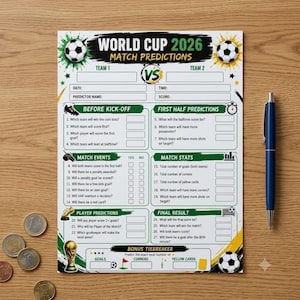 Soccer World Cup 2026 Predictions Games, Printable Soccer Party Game, Football Watch Party Activity, Office Pool, Tournament Predictions