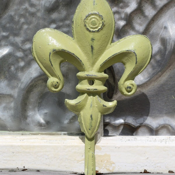 Reserved for Justina 2 Leaf Green shabby chic fleur de lis hooks/ wall hook nursery decor/ coat hook french country cast iron hook/