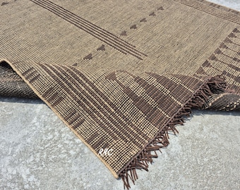 Tuareg Rug Leather & Jute Mat - African Reed Carpet, Handwoven Tribal Area Rug for Boho Living Room, Large Natural Fiber Summer Floor Decor