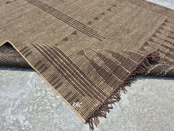 Tuareg Rug Leather & Jute Mat - African Reed Carpet, Handwoven Tribal Area Rug for Boho Living Room, Large Natural Fiber Summer Floor Decor