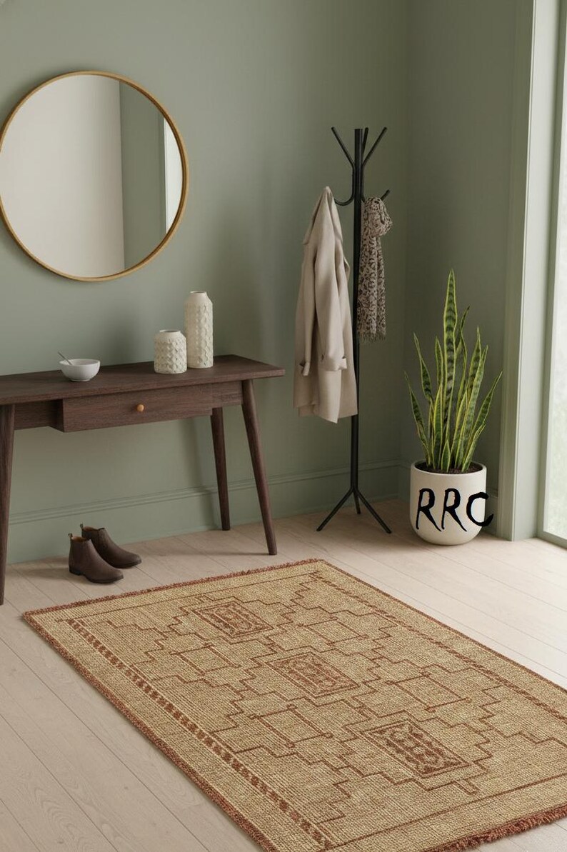 Authentic African Tuareg rug for modern farmhouse interiors with woven natural fiber and leather border details