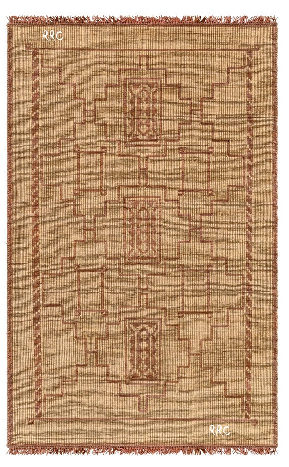 Handmade Tuareg Jute and Leather Rug, Authentic Moroccan Tribal Area Rug, Natural Fiber Rustic Carpet for Living Room, Bedroom, Office Decor
