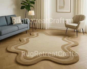 Hand Tufted Wool Area Rug, Abstract Wavy Carpet, Modern Living Room Decor