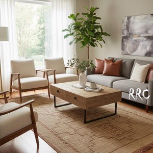 Vintage inspired Moroccan jute leather rug with artisan craftsmanship for cozy boho chic living room setup