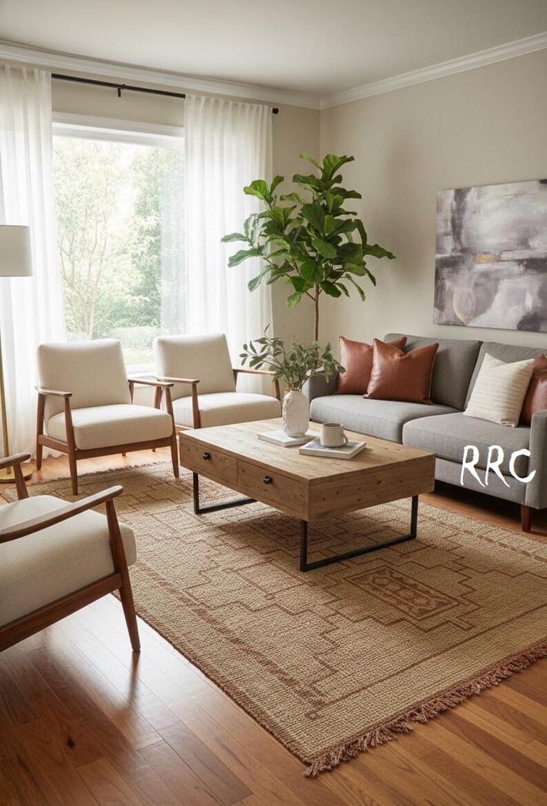 Vintage inspired Moroccan jute leather rug with artisan craftsmanship for cozy boho chic living room setup