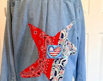 Denim Shirt USA, America's 250th, Upcycled, applique, stencil stars Size XL