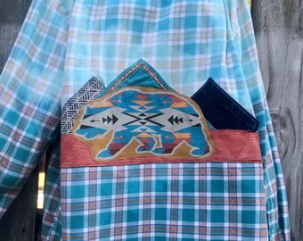 Upcycled Mens XXL Bleached Plaid Flannel BOHO Cottage Core Cozy with Appliques