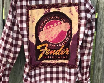 Upcycled Fender Guitar Plaid Flannel Shirt - Men's Large Burgundy Plaid, BOHO, Hippie, Sustainable Fashion