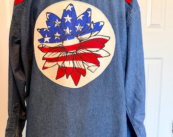 Patriotic Denim Shirt America’s 250th, Appliqued with thrifted material, sustainable clothing Size XL