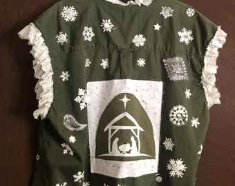Upcycled Vest Christmas Nativity, Snowflakes, Green and White Size XL
