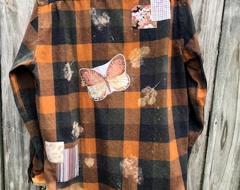 XXL Upcycled Plaid Flannel Shirt Butterfly Graphic & Lace - One-of-a-Kind Sustainable Fashion Cottage Core Cozy