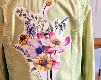 Upcycled Appliqued Green denim XL jacket - Floral delight