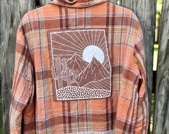 Women's Large Upcycled Linen Plaid Shacket with Cactus & Mountains Graphic - Vintage Lace Accents