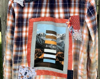 XL Upcycled Bleached Plaid Flannel with 'Offline' T-Shirt Graphic - Thrifted Materials, Sustainable Fashion, BOHO, Outdoors Vibe