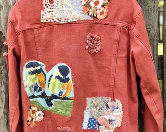 Women's Medium Upcycled Distressed Crop Denim Jacket with Bird Applique & Lace Embellishments - Rust/Orange BOHO Fall Sustainable Fashion