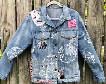 Upcycled Denim Jacket: Elephant Applique, Painted Accents, Sustainable Fashion BOHO, Fall Size L
