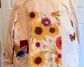 Upcycled White Denim Jacket: Applique, Painted Accents, Sustainable Fashion BOHO,  Size L