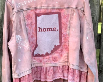 Upcycled Denim Jacket: Women's Large, Pink Lace & Indiana Graphic, BOHO, One-of-a-Kind Sustainable Fashion