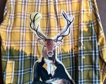 Bleached Upcycled Flannel XL - Deer motif - Vintage fabric patches - Long Sleeve - Applique