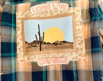Bleached Upcycled Flannel Size L Long Live Cowgirls applique, Vintage