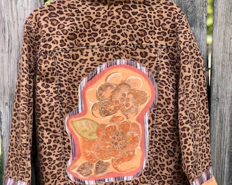 Women's XL Upcycled Leopard Print Denim Jacket with Unique Applique - Roar!