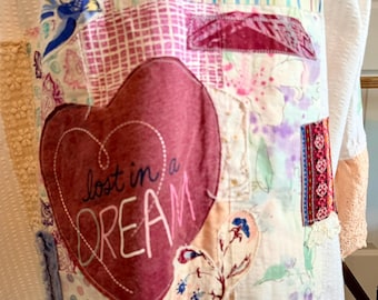 Oversized upcycled white shirt Women's XL Lost In a Dream applique Vintage BOHO