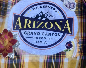 Upcycled Bleached Plaid Shirt (Women's XL) with Arizona Graphic, floral and lace applique, distressing, BOHO, Cottage Core Cuteness