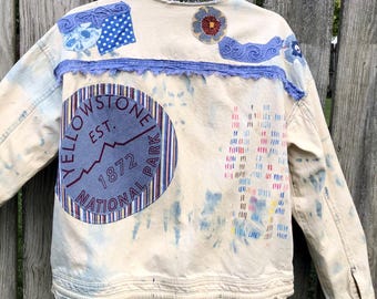 Women's Size 12-14 Upcycled Bleached Denim Jacket with Hand-Painted Accents &  Yellowstone Graphic, Sustainable Fashion, BOHO