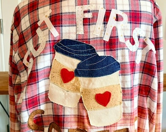 Bleached flannel, XXL with coffee cup applique, But First Coffee, Red/pink