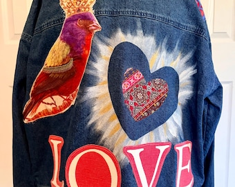 Upcycled Jean Jacket M Hand painted, vintage applique, LOVE