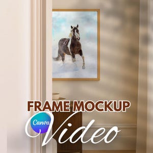 May include: A framed print featuring a brown and white horse running through snow. The artwork is displayed in a light brown wooden frame. The words "FRAME MOCKUP" and "Video" are displayed on the bottom of the image.