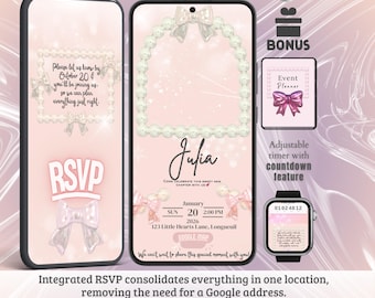Puede incluir: Invitación de boda digital en la pantalla de un smartphone, con un diseño rosa y blanco, detalles de perlas y lazos. Incluye información RSVP, detalles del evento y un temporizador de cuenta regresiva.