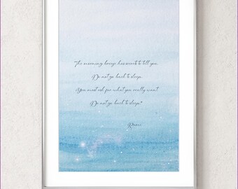 Lámina con poema de Rumi, La brisa celestial, acuarela azul, para pared (descarga digital)