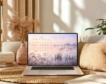 Fondo de pantalla de escritorio con calendario de julio de 2026-2027, paisaje minimalista (descarga digital)