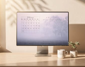 Fondo de pantalla de escritorio con calendario de febrero, paisaje minimalista, brújula espiritual (descarga digital)